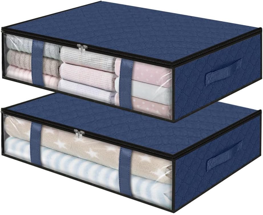 StorageRight Under Bed Storage Bins, 2-Pack 40L Foldable Fabric Storage Bags with Transparent Window, Breathable Organizer for Clothes/Blanket/Comforter/Quilt, Blue