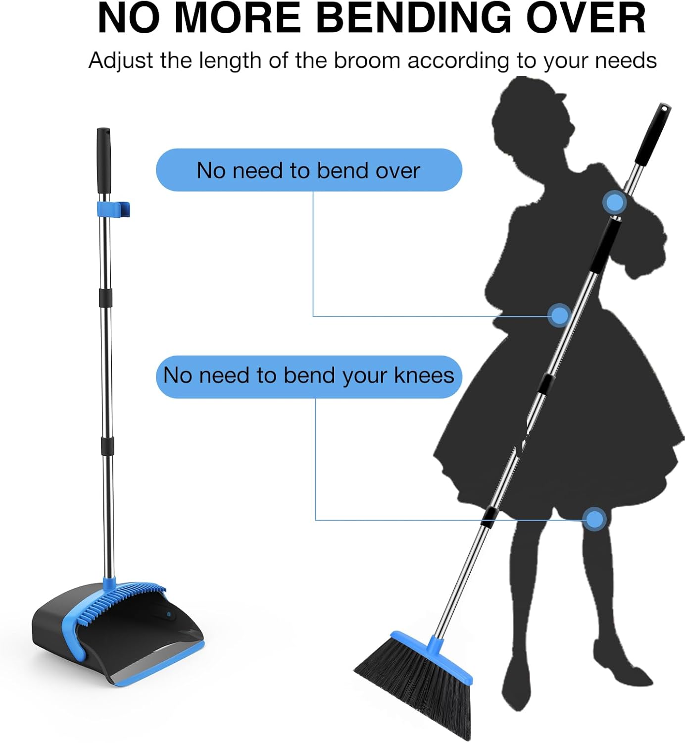 NACENA Broom and Dustpan Set, 52-in Long Adjustable Handle Broom Dustpan Combo with Dustpan Teeth to Automatically Clean Hair Suitable for Home Kitchen Office Hall Floor (Black&Blue), 2 Pack