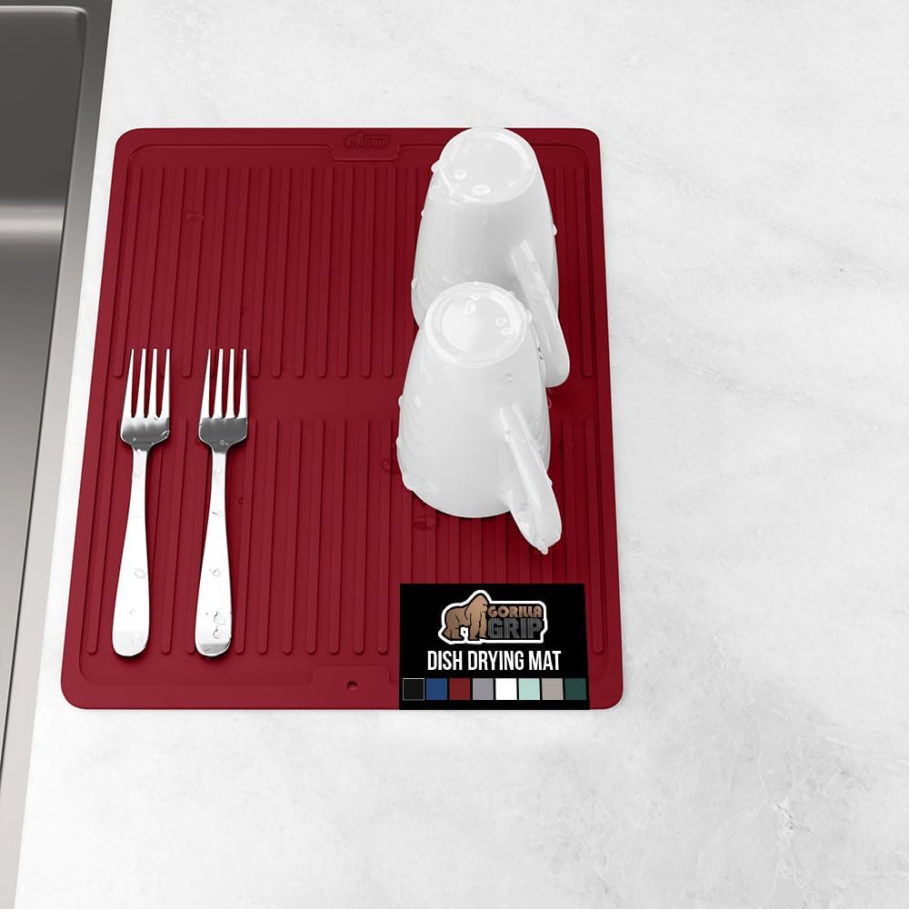 GORILLA GRIP 100% BPA-Free Patented Silicone Dish Drying Mat for Kitchen Counter, Water Catching Ribbed Design, Easy Clean Waterproof Sink Liner, Heat Resistant, Fits Under Rack, 13x11 Inch, Red