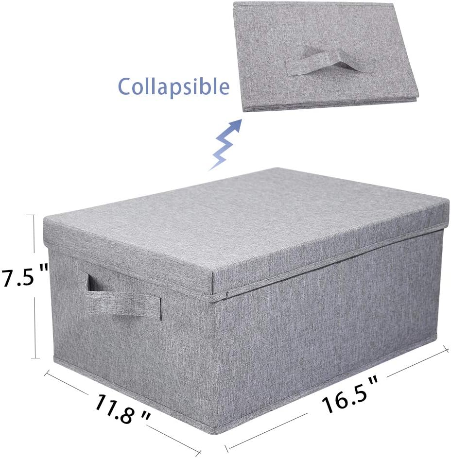 HOONEX Linen Foldable Storage Bins with Lids, 2 Pack, Storage Boxes with Carrying Handles and Sturdy Heavy Cardboard, 16.5" L x 11.8" W x 7.5" H for Shoes, Books, Clothes, Light Grey
