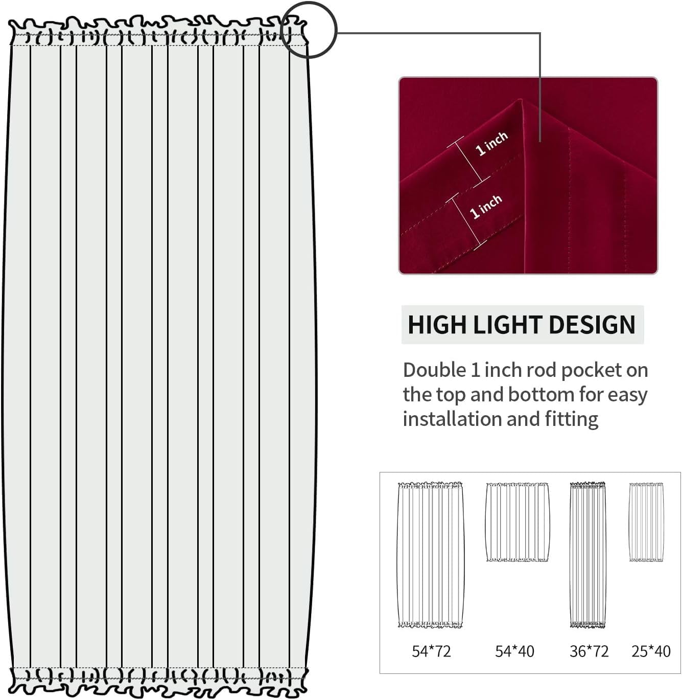 DWCN French Door Curtains – Rod Pocket Thermal Blackout Curtain for Doors with Glass Window, Christmas and Patio Doors for Privacy, 36 X 72 Inches Long, 1 Curtain Panel with Tieback,Burgundy