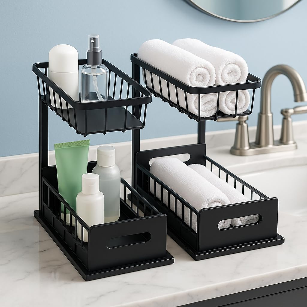 USTECH Under Sink Organizer, 2-Tier, Cabinet Organizer, Bathroom Organizer, Under Sink Organizers & Storage, Pack of 2