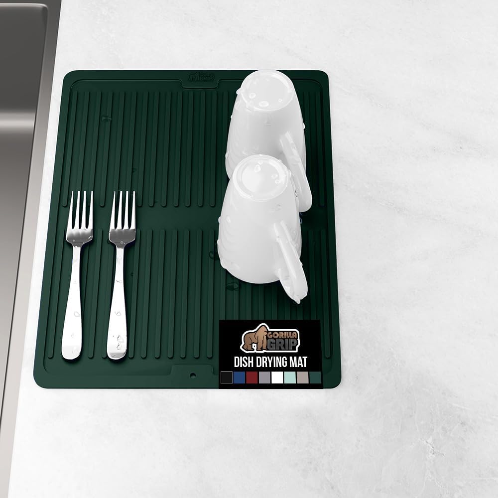 GORILLA GRIP 100% BPA-Free Silicone Dish Drying Mat for Kitchen Counter, Quick Dry, Water Catching Ribbed Design, Easy Clean Waterproof Sink Liner, Heat Resistant, Fits Under Rack, 13x11, Hunter Green