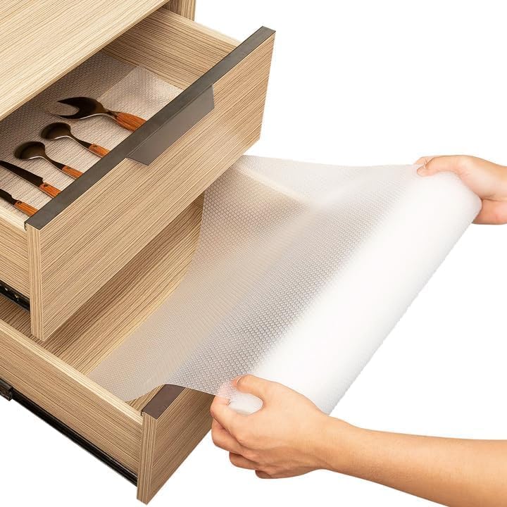 Shelf Liner Drawer Liner for Kitchen Cabinets Non-Adhesive by Linda’s Essentials (12 x 240 Inches) - Non-Slip Easy Clean Kitchen Cabinet and Cupboard Protector, Waterproof Mat, Clear Roll