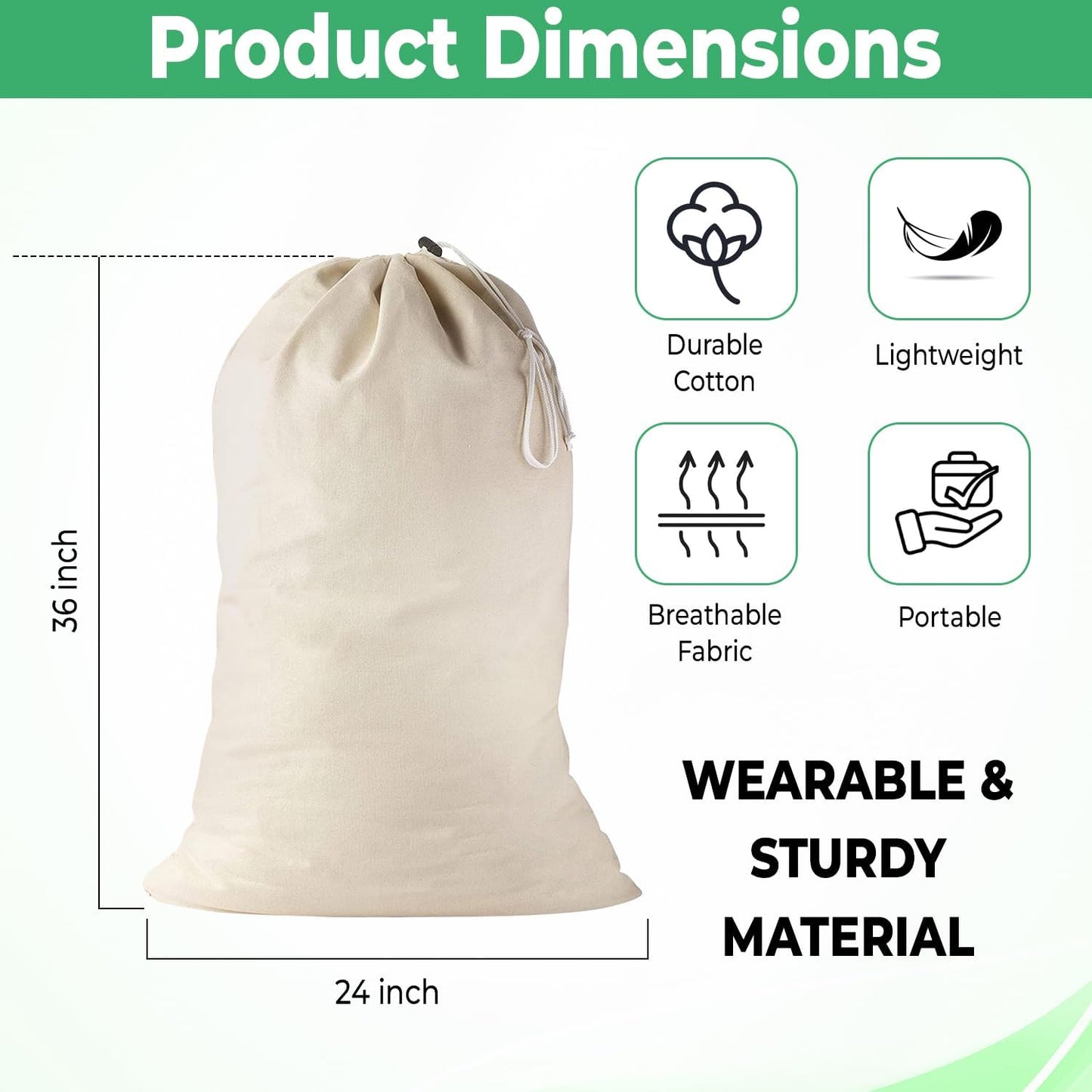 4 Pack - Extra Large Cotton Laundry Bag, Heavy Duty Large Laundry Bags 24 x 36 inch XL Drawstring Travel Organizer Bag Fit Hamper Basket Camp Home College Dorm Tear Resistant Dirty Cloth Big Storage