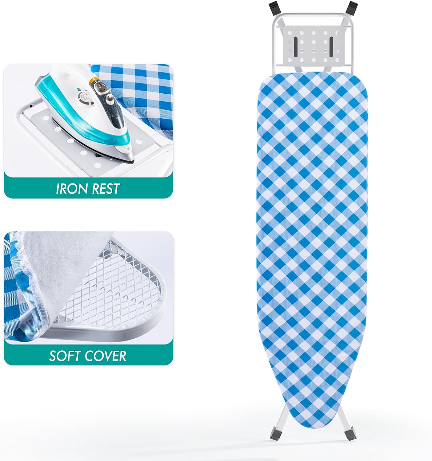 Ironing Board, Heat Resistant Cover Iron Board with Steam Rest, Non-Slip Foldable Ironing Stand. Heavy Sturdy Metal Frame Legs Iron Stand(13 * 34 * 53 Inches) (Blue White)