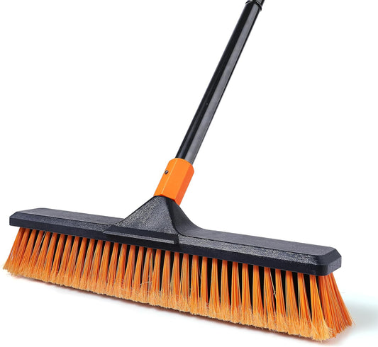 18" Push Broom Outdoor for Floor Cleaning with Extendable Long Handle, Stiff Bristle Heavy Duty Broom for Bathroom, Kitchen, Tub, Tile, Patio, Deck, Concrete, Industrial