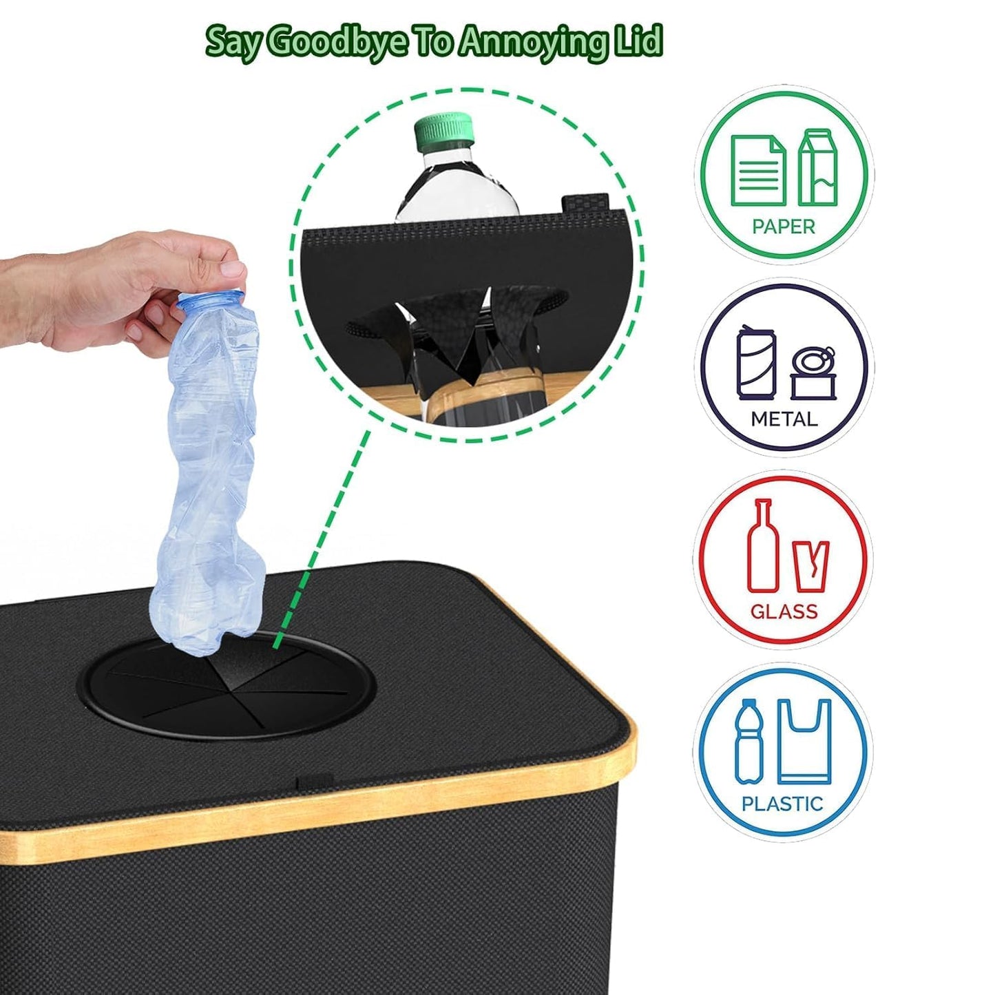 Recycling Bin for Kitchen Indoor Home, Large 100L/ 26 Gallon Recycle Bin with Lid Removeable Reusable Inner Bag Bottle Can Glass Waste Plastice Stickers (Green, 26 Gallon)