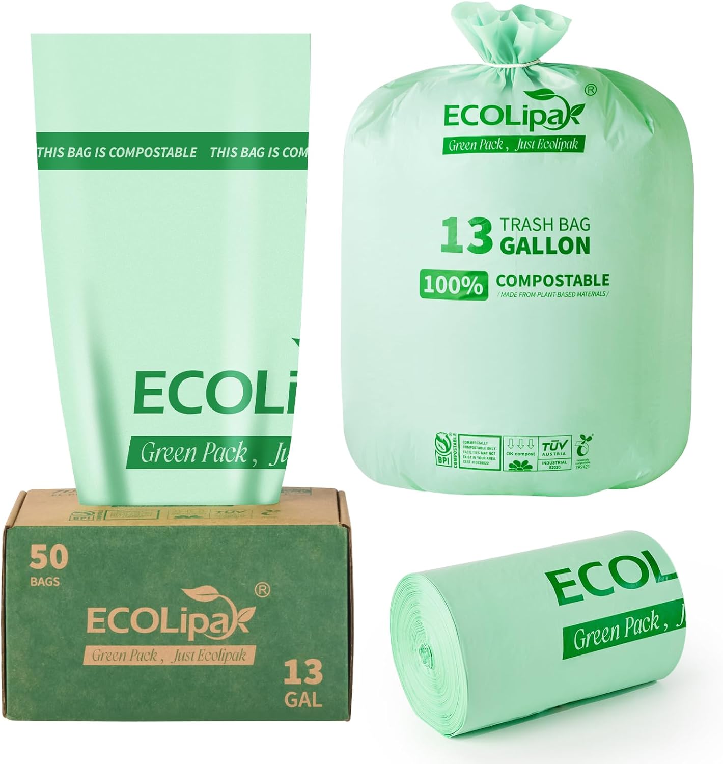 ECOLipak 13 Gallon Compostable Trash Garbage Bags, 50 Count (1 Roll) Biodegradable Heavy Duty Bathroom Kitchen Trash Bags for Home/Office, US BPI ASTM D6400 and OK Compost Home Certified