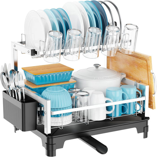 GSlife Dish Drying Rack for Kitchen Counter - Stainless Steel 2 Tier Dish Drainer with Cutting Board, Cup Holder and Utensil Holder, Auto Drain, 21" L x 12.6" W, Silver