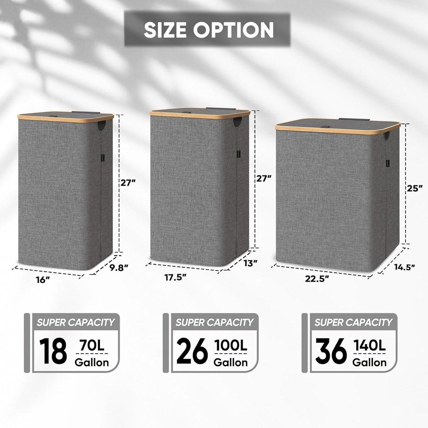 BALEINE Laundry Hamper with Lid, Tall Laundry Baskets with Bamboo Pull Handles, Large Laundry Bin with Internal Support (36 Gal/140L, Black)