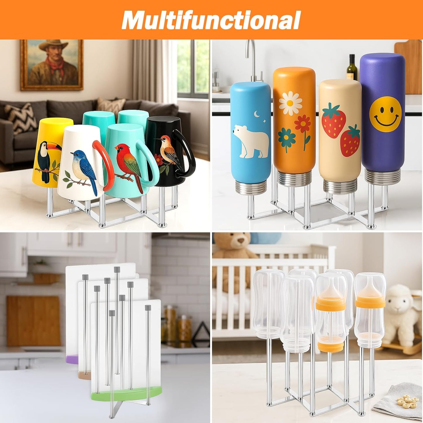 Palksky Foldable Bottle Drying Rack for Water Bottles & Cups - Stainless Steel Space Saving Dish Rack Holder Organizer for Kitchen Counter, Sink or Dishwasher