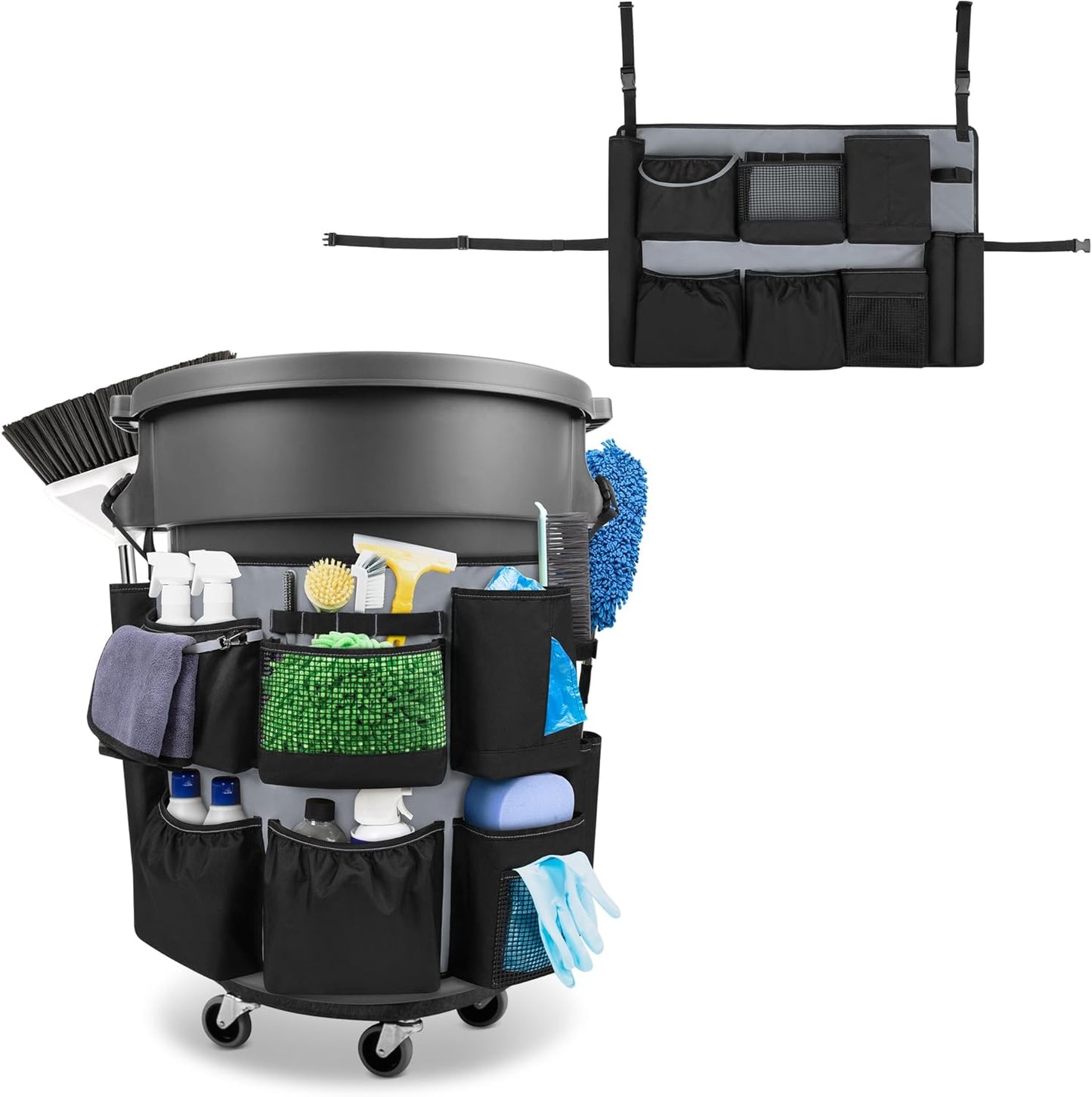 32-55 Gallon Trash Can Caddy Bag, Garbage Bin Apron Caddy with Multiple Pockets for Cleaning Supplies, Cleaning Tool Organizer with Adjustable Buckle for Janitorial Trash Can, Black+Gray