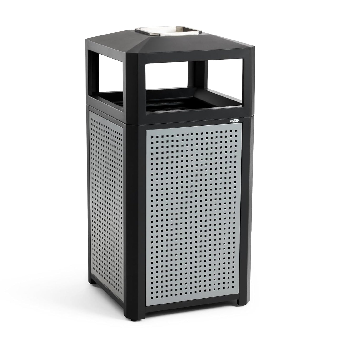 Safco Evos Steel Trash Can, 38 Gallons, Indoor and Outdoor Use, Commercial Garbage Can with Plastic Liner and Ashtray