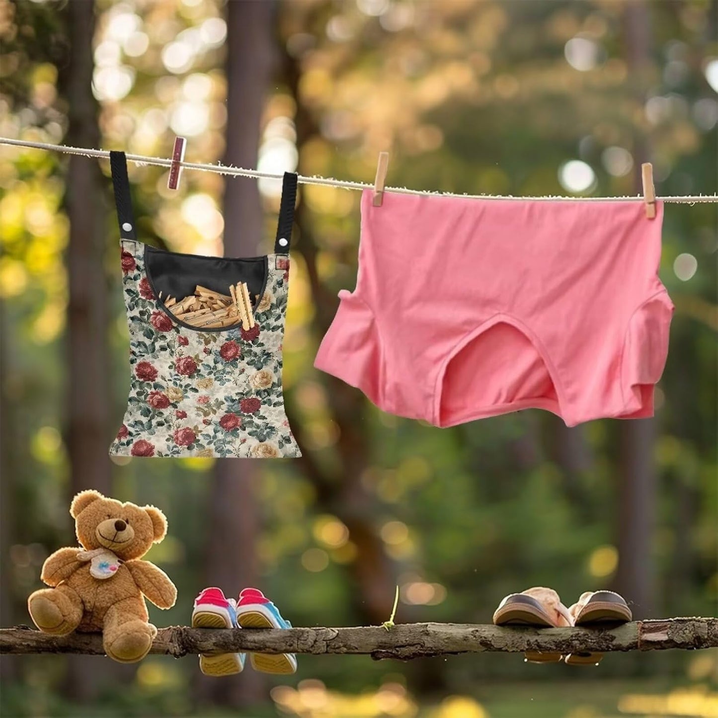 2 Pcs Rose Clothespin Laundry Bag, Clothes Lines for Clothes Outside, Hanging Storage Organizer with Hanging Rope for Home Outdoor