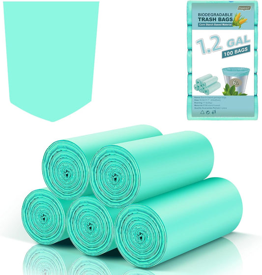 Small Biodegradable Trash Bags 1.2 Gallon - Mini Compostable Garbage Bag Unscented Strong Thicken Rubbish Waste Can Liners For Outdoor Camping Garden and Kitchen (Blue, 100 Count)