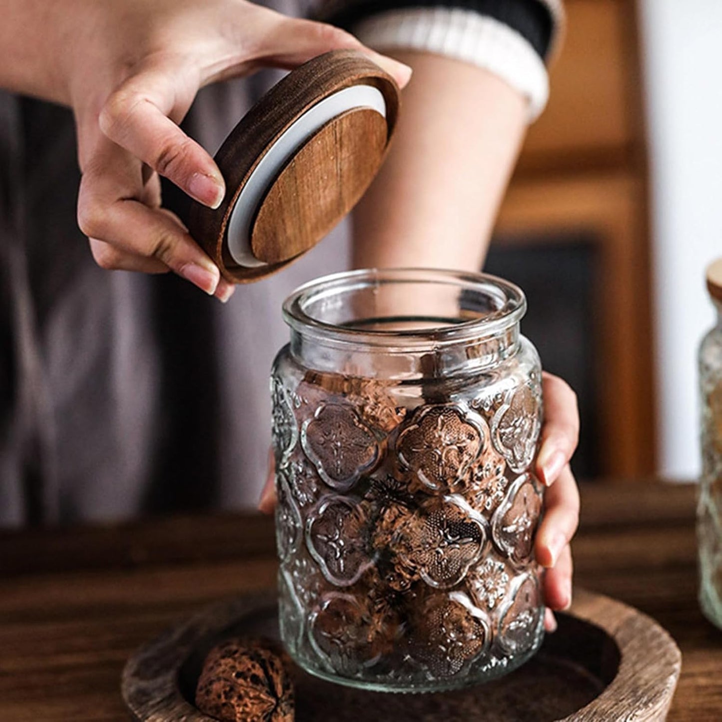 24 OZ/2 PCS Glass Storage Jar with Airtight Bamboo Wooden Lids, Vintage Food Containers Canisters Sets for Kitchen Counter Pantry, Sugar, Flour, Candy, Tea, Coffee Beans, Oats, Grain Bin, Pasta,