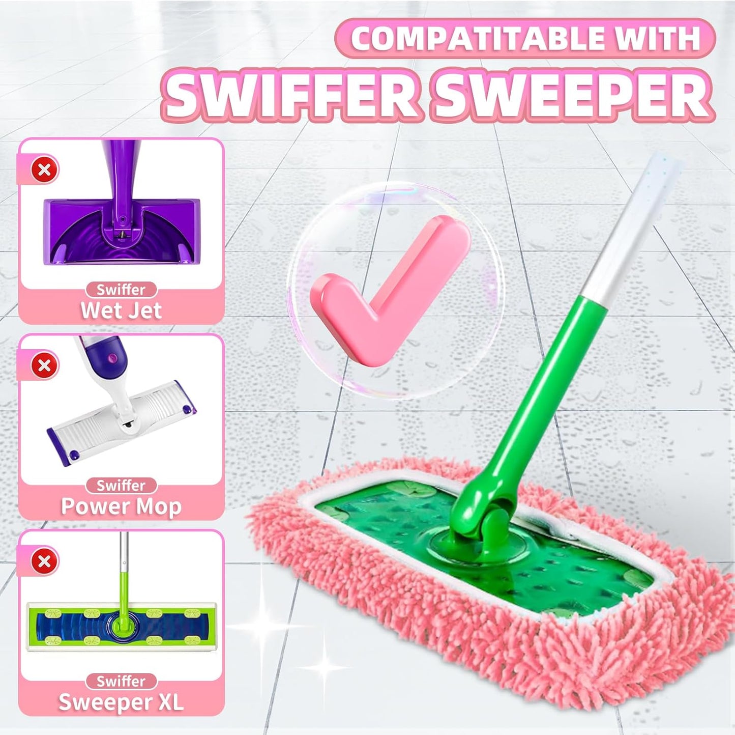 8 Pack Reusable Mop Pads Compatible with Swiffer Sweeper, Microfiber Chenille Washable Swiffer Mop Pads, Dry & Wet Sweeping Mopping Cloths (Pink)