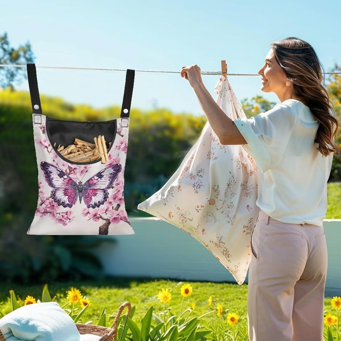2 Pcs Clothes Pin Hanging Bag, Butterfly Clothes Pins Bag Holder Outdoor 4.Stylish Clothespin Bag with Hanging Rope for Clothes Pin and Clothespin