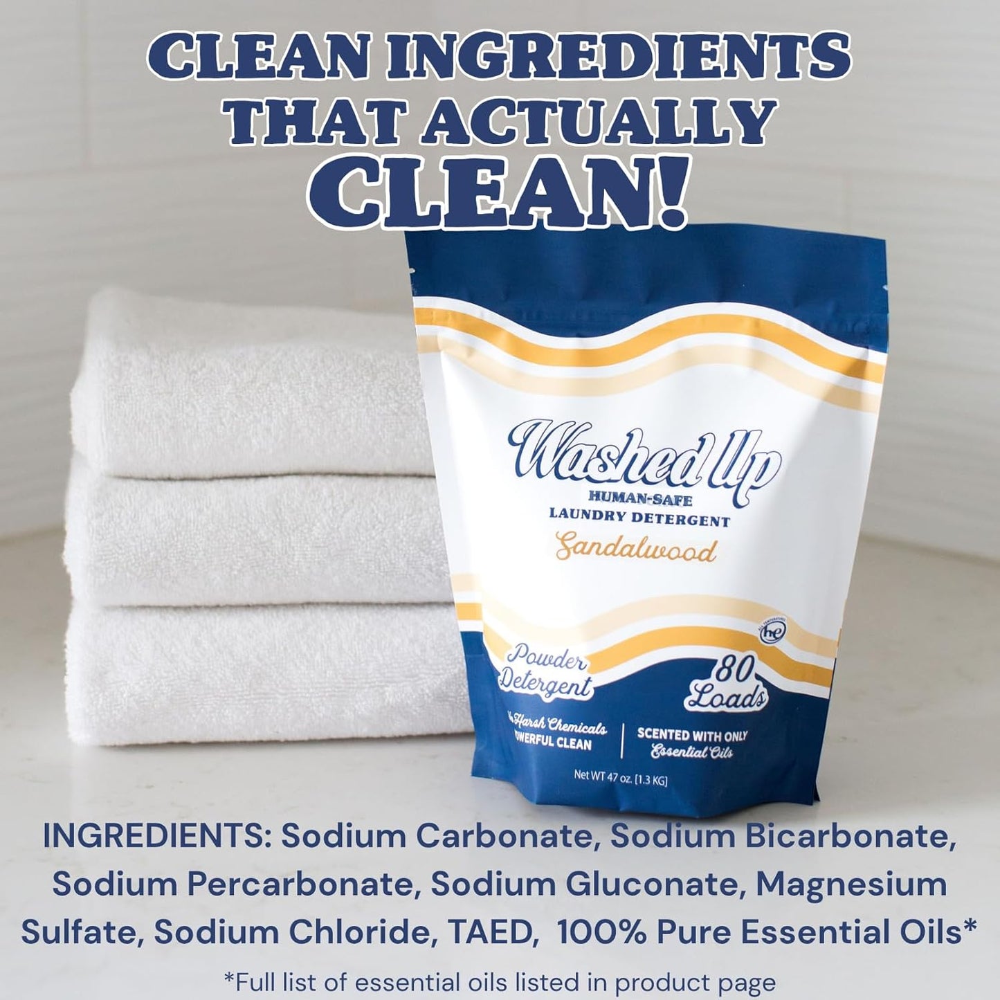 Sandalwood Laundry Detergent Powder | Only 100% Pure Essential Oils | Safe for Sensitive Groups | Powerful Clean | Plant & Mineral-Based | Made in USA | 3lbs
