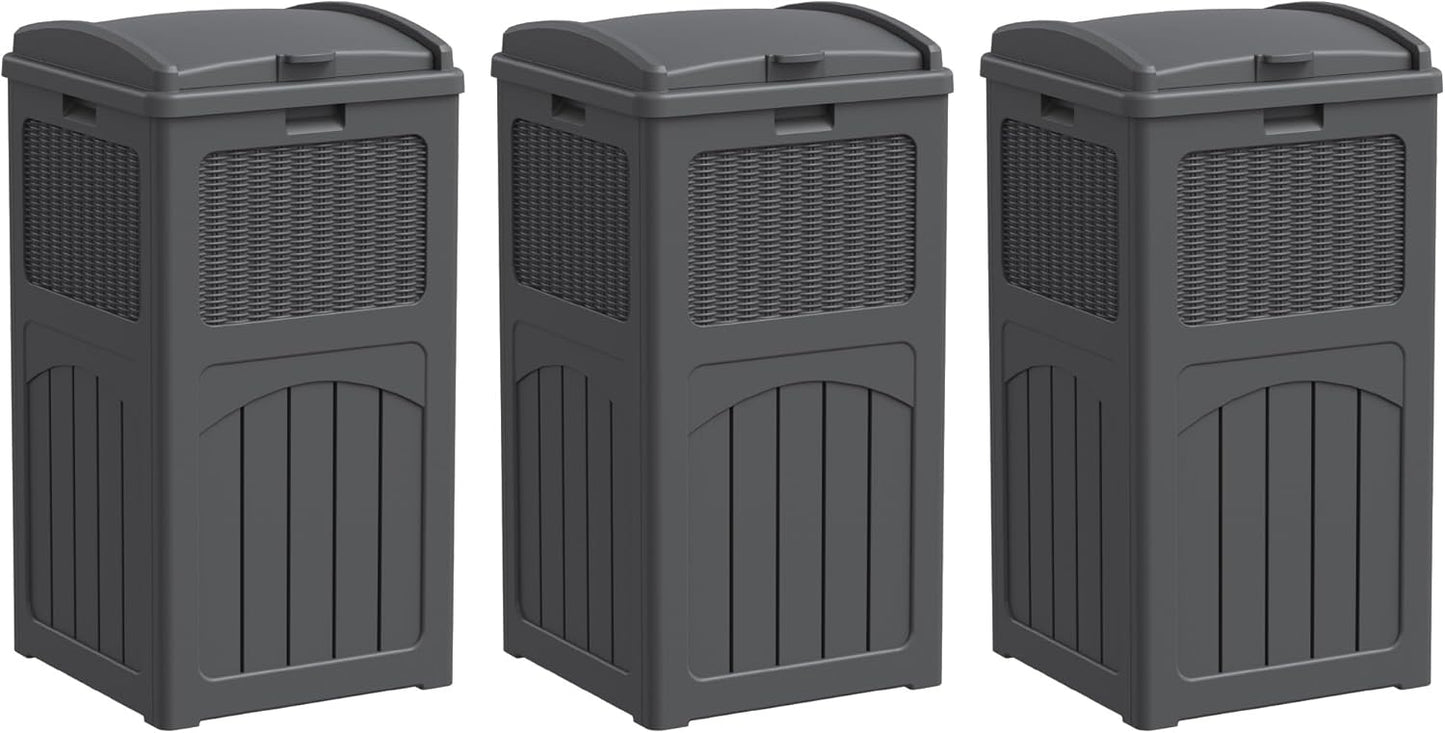 Greesum 33 Gallon Outdoor Trash Can with Lid, Waterproof Resin Garbage Bin for Hideaway, Deck, Patio, 3 Pack, Gray