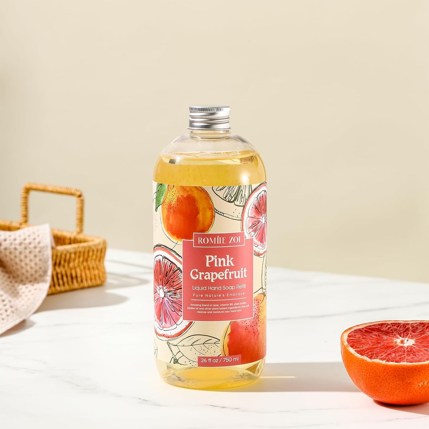ROMIIE ZOI Liquid Hand Soap Refill, Pink Grapefruit, Gentle & Moisturizing Formula, 750 ML/ 26 FL OZ