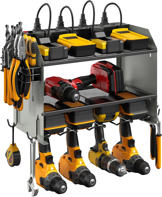 CCCEI Set Power Tool Organizer Wall Mount with Charging Station. Garage 4 Drill Storage Shelf with Hooks, Heavy Duty Metal Tool Battery Charger Organizer. Shop Utility Rack with Power Strip Grey.
