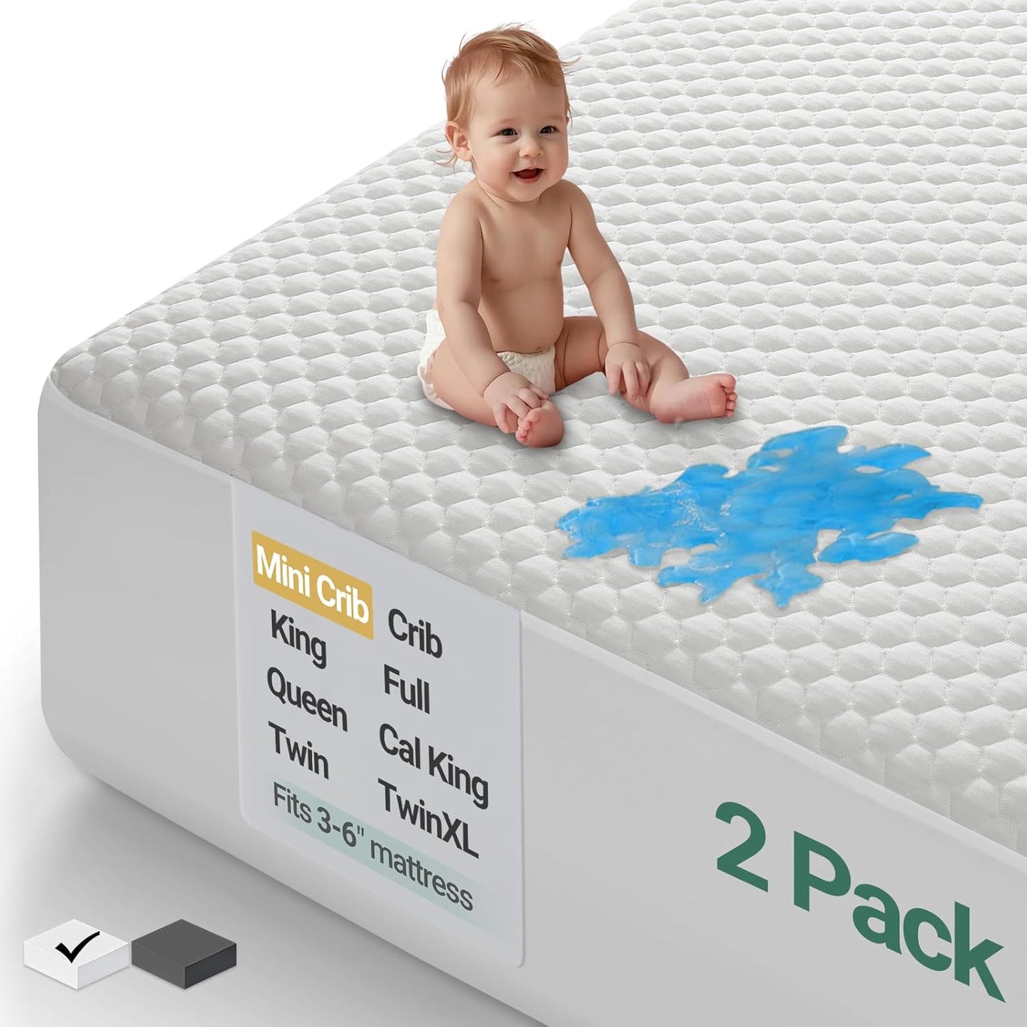 OhGeni 100% Waterproof Mattress Protector, Mini Crib-2 Pack Size Mattress Pad, Fits 6"-20" Mattresses with Deep Pocket, Cooling, Breathable Fitted Sheets, Soft Bed Cover, Noiseless, Machine Washable