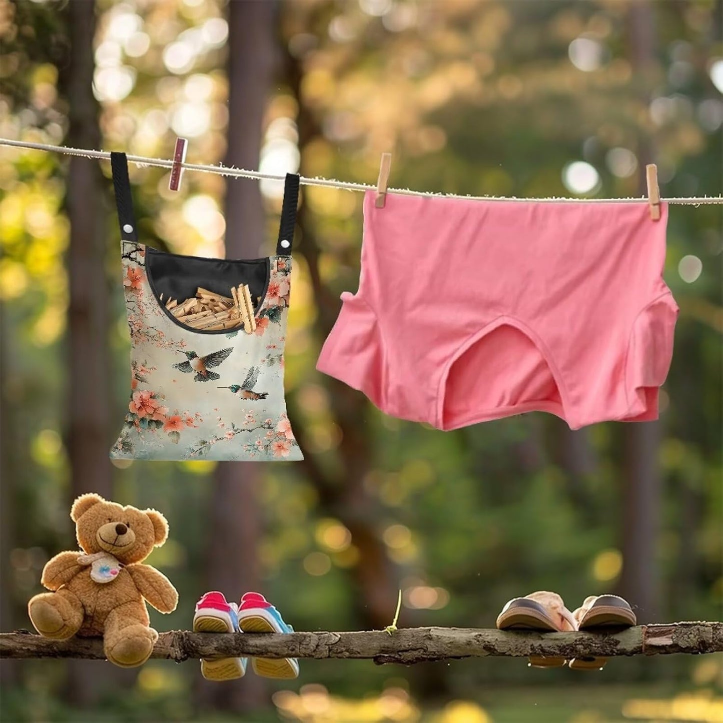 2 Pcs Hummingbird and Flowers Clothes Pin Bag, Small Hanging Laundry Bag with Hanging Rope Clothespin Bag for Clothes Line Clip Easy Access Clothes Pin Holder for Home Outdoor