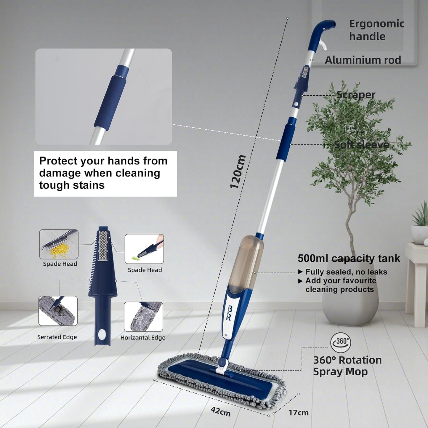 Spray Mop for Floor Cleaning with 360° Rotation - Multi-Surface Floor Cleaner for Wet/Dry Mopping, Lightweight Handle for Kitchen,Bathroom,Hardwood&Tile Floors