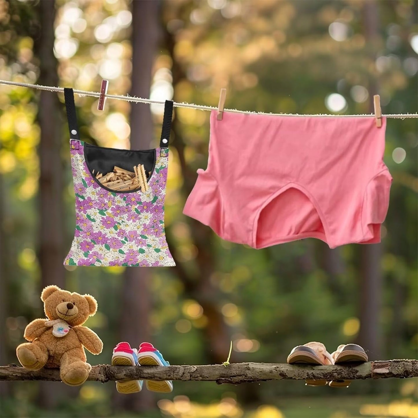 2 Pcs Hippie Flowers Clothes Pin Bag Clothespin Bag Holder 14.5 X 12 Inch Clothes Pin Hanging Bag for Clothesline Outdoor Outside Wardrobe and Laundry Room
