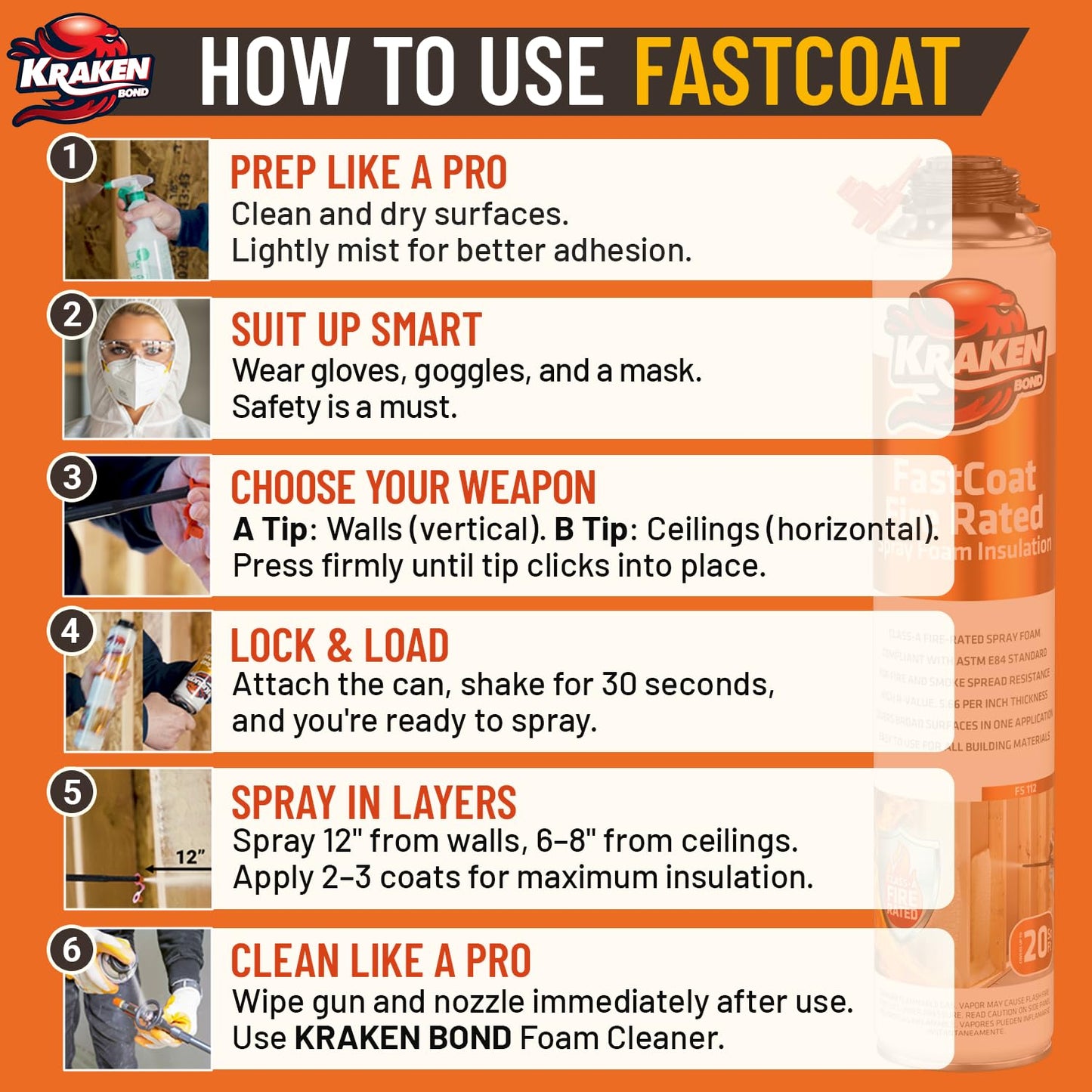 Kraken Bond Fastcoat Fire Rated Spray Foam Insulation Kit Closed Cell in a Can 20 sq ft (1x27.1 oz.) (R-Value 11.32 / 2in) - Spray Foam for Garage Door, Attic, Wall Gun & Cleaner Not Included, 1 Pack
