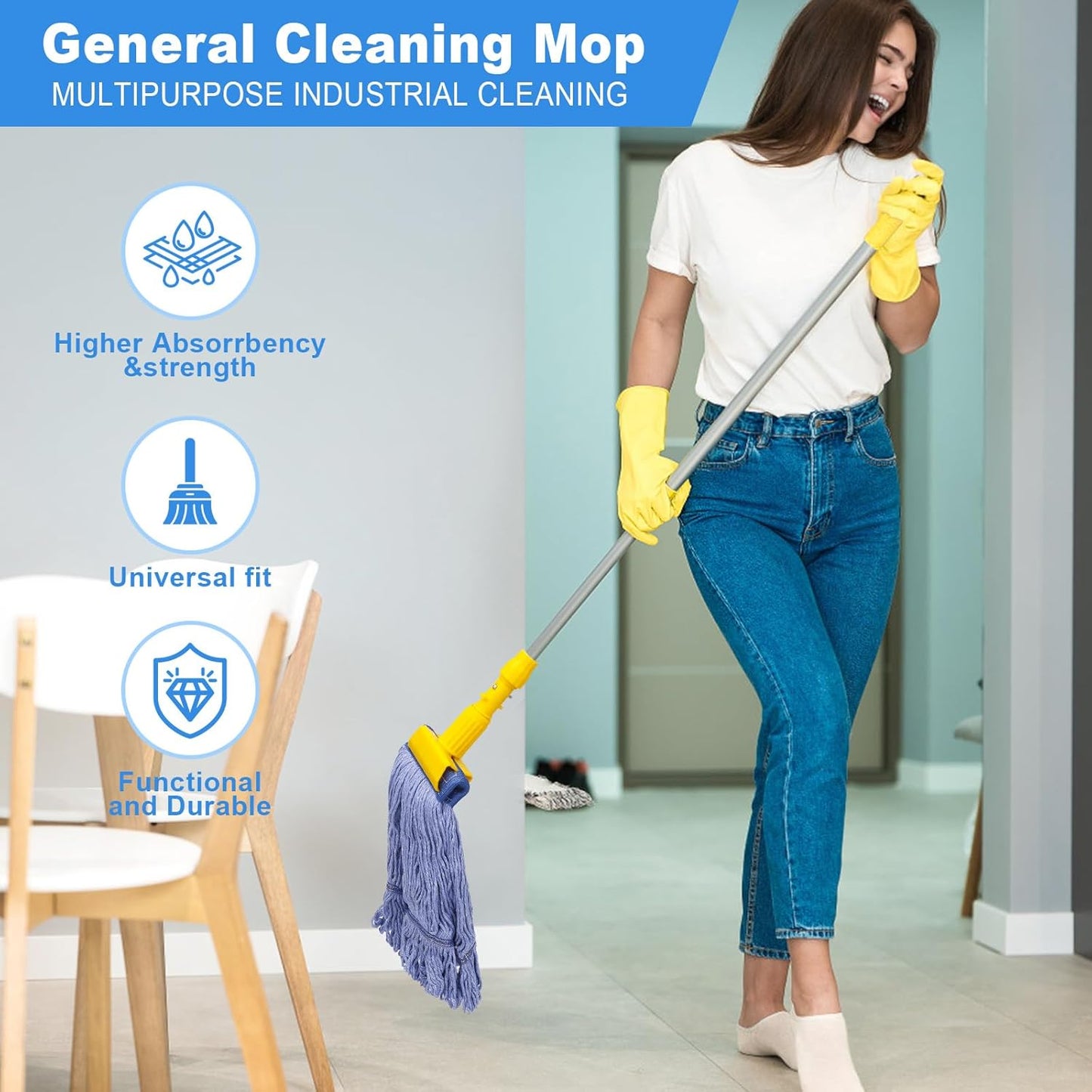 2 Pack Mop Head Replacement, Cleaning Heavy Duty Mop Head Commercial Replacement, Wet Industrial Blue Cotton Looped End String Head Refills, Wet Refills Head Optimal Absorption and Durability (Blue)