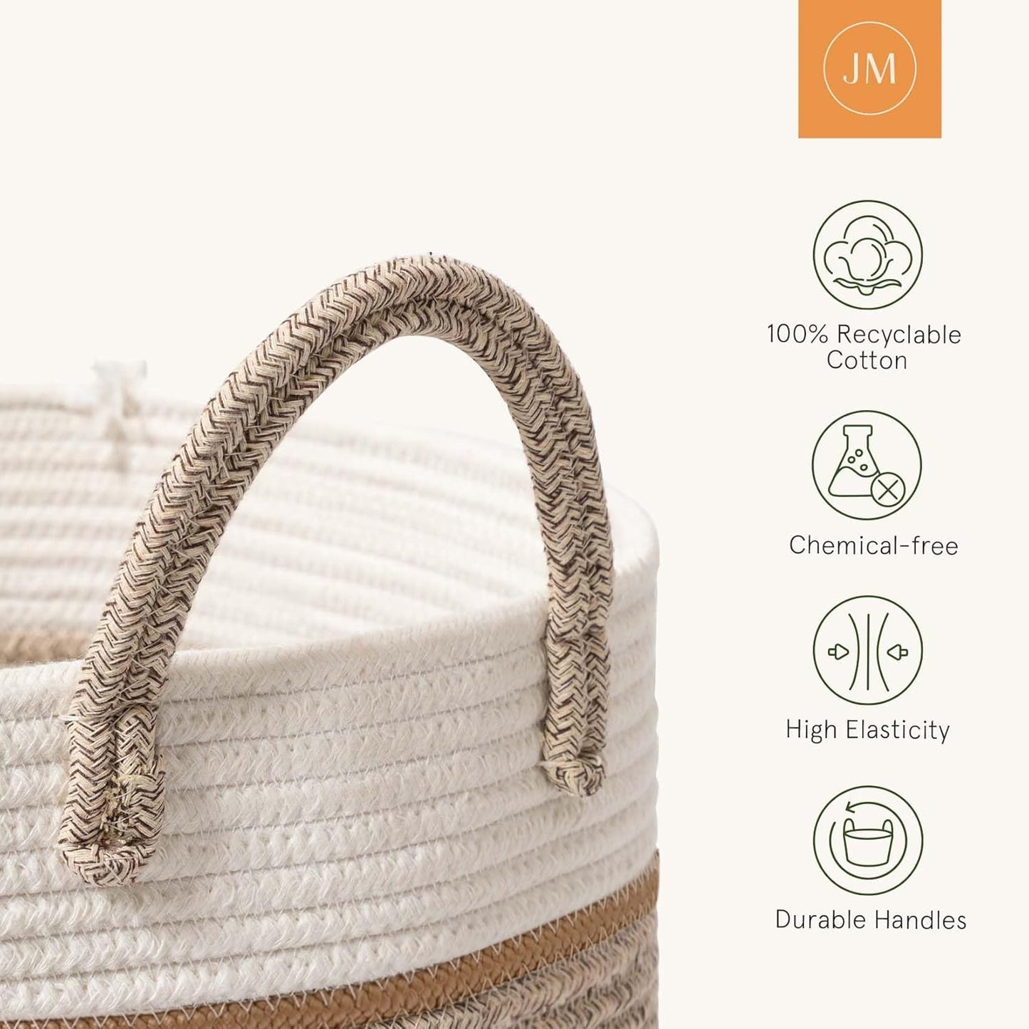 LA JOLIE MUSE Woven Basket Rope Storage Baskets - Large Cotton Organizer 16 x 14 x 14 Inches, Basket for Baby Blanket, Kids Toy Nursery Laundry Basket