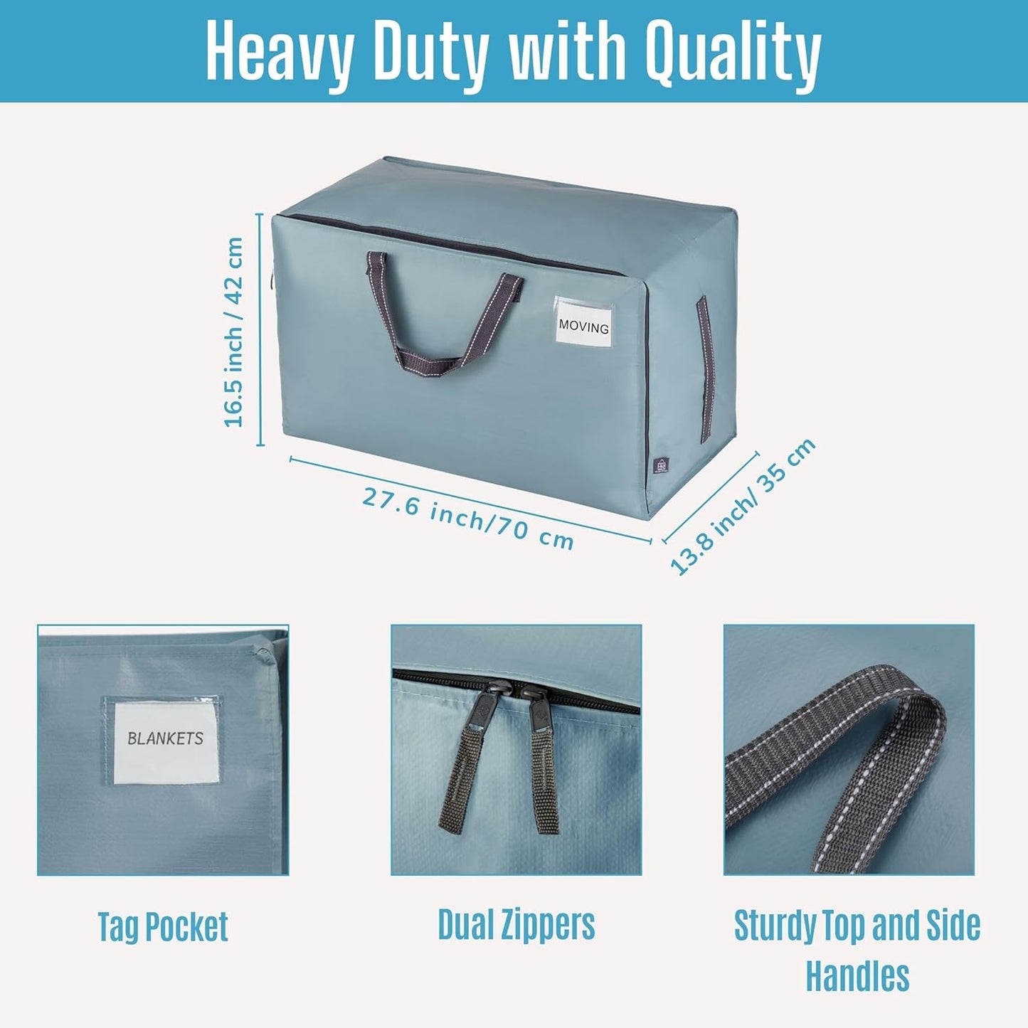VENO 8 Pack Moving and Storage Bags, Heavy Duty, Alternative to Moving Boxes, Large Packing Totes Supplies for College Dorm Room with Zipper for Clothes, Wide Open Design (Light Blue Matte, 8 Pack)