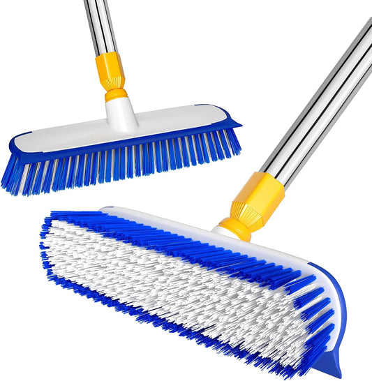 ITTAR 12" Wide Floor Scrub Brush with Long Handle, 2-in-1 Deck Cleaning Brush with 55" Extendable Pole, Heavy-Duty Tub Tile Scrubber Cleaner Brush for Shower Floor, Kitchen, Patio, Garage, Restaurant