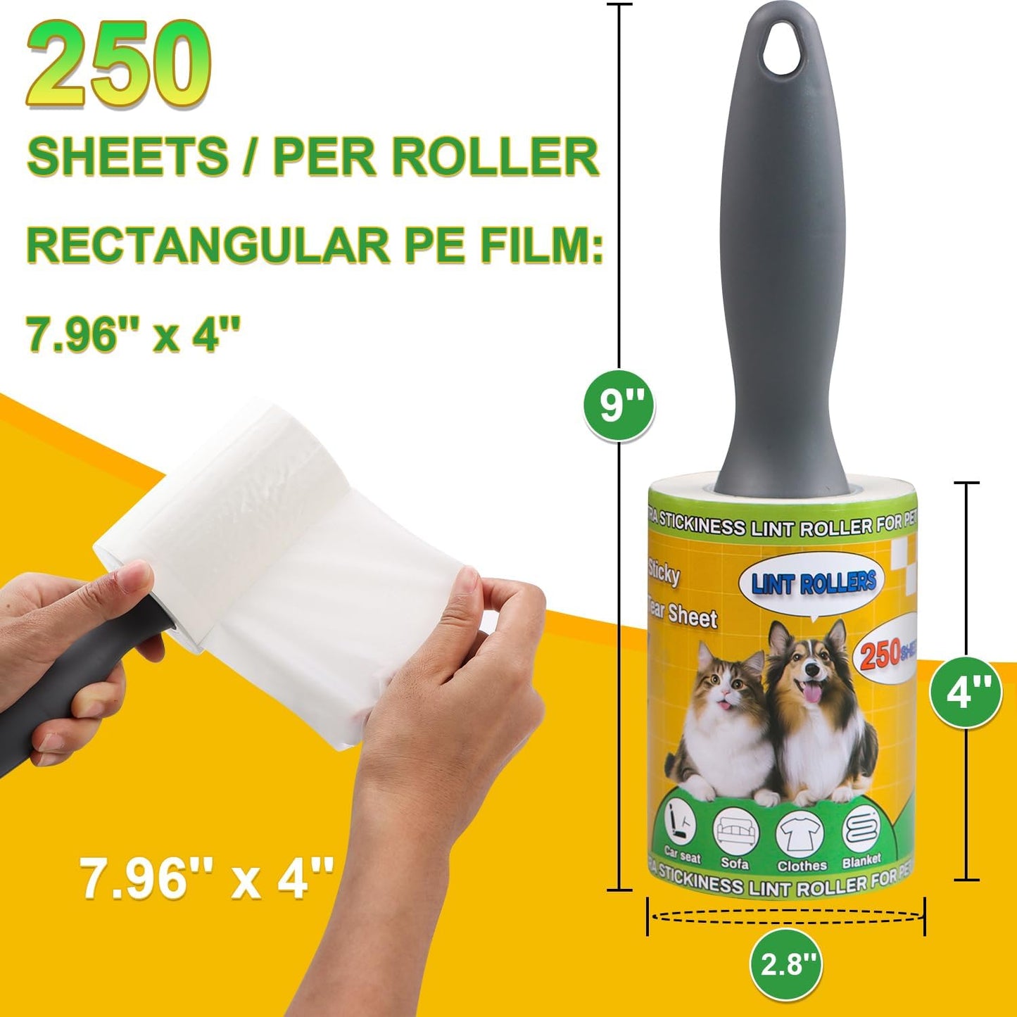 Extra Sticky Lint Rollers for Pet Hair, 250 Sheets, Lint Remover for Dog Cat Hair Removal, Animal Fur, Fuzz, Couch, Clothes Furniture and Carpet Travel-Friendly Grip Handle(1, Blue)