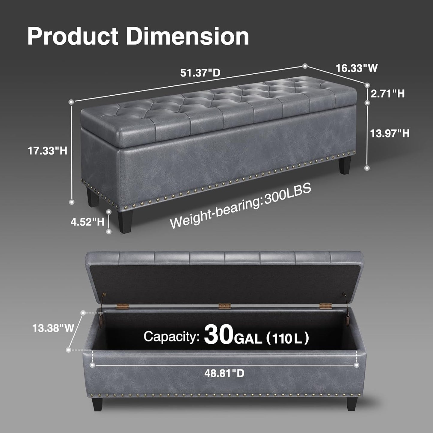 Storage Ottoman Bench, 51-Inch Large Storage Ottoman for Bedroom End of Bed, 30 Gallons Faux Leather Bench for Bedroom, Living Room, Entryway, Hallway, Grey