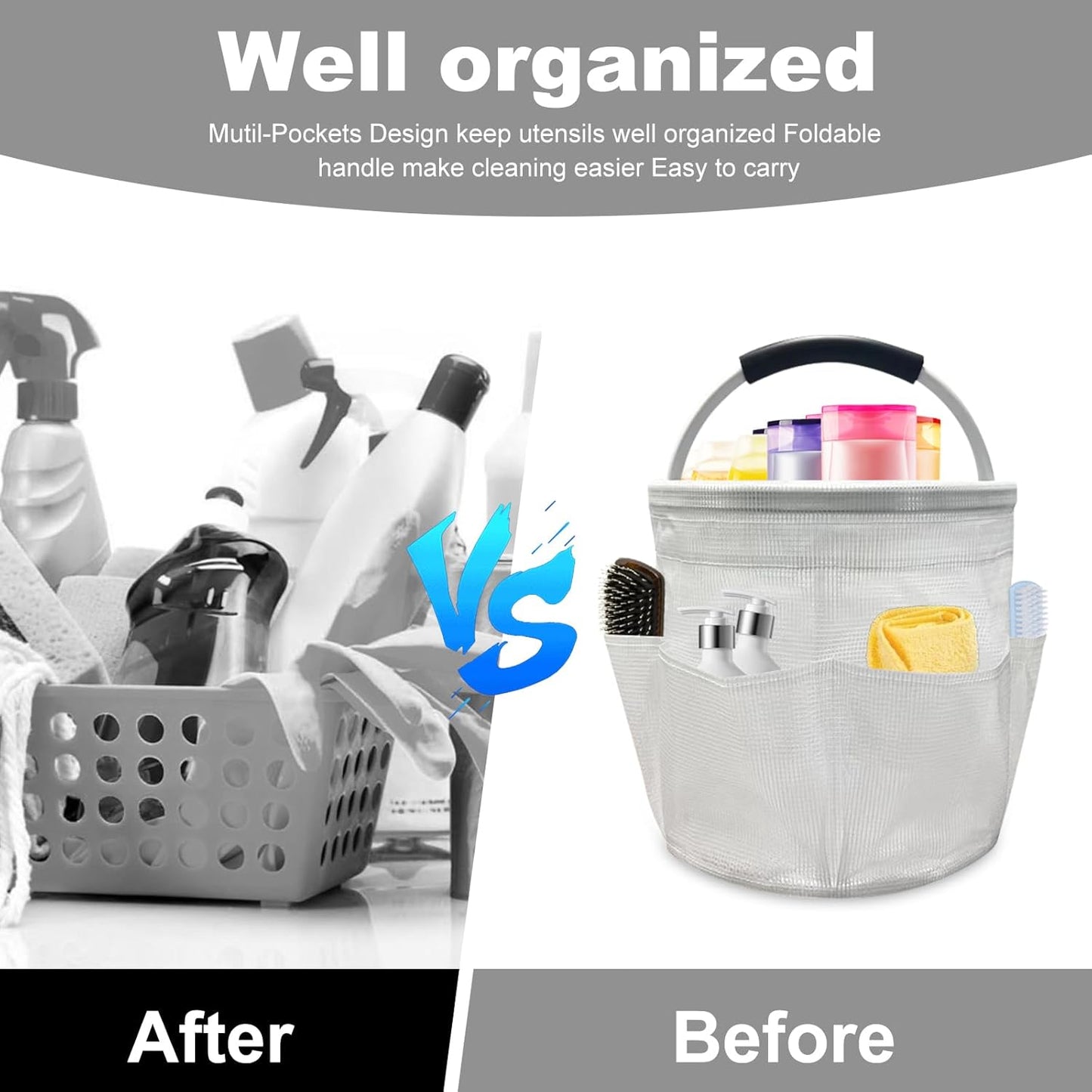 Qivine 17L Cleaning Caddy with Handle, Cleaning Supply Caddy Foldable Tool Bag Cleaning Products Organizers Portable Cleaning Bucket Organiser for Storing Towels (Clear)
