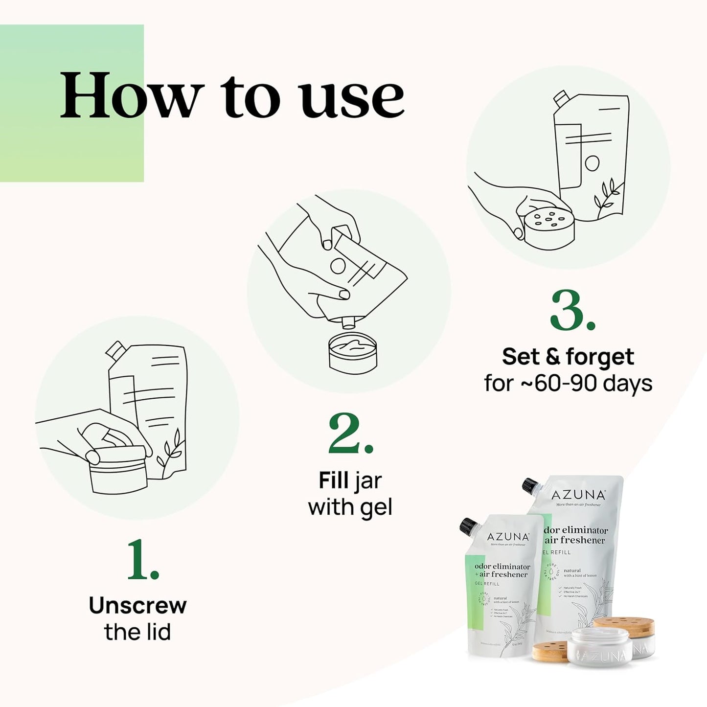 Azuna Air Freshener & Odor Eliminator for Strong Odor | 4 Room Kit Includes (4) 8 oz. Empty Luxe Glass Jars & 24oz Gel | Refill with Tea Tree Essential Oil | Natural Scent | Last 60-90 Days