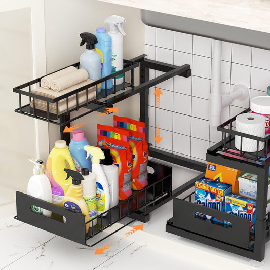 2 Pack Under Sink Organizer, 2-Tier Heavy Duty Metal Pull Out Cabinet Organizer Slide Out Sink Shelf Organizer Height Adustable, Multi-Purpose Storage Shelf for Kitchen Bathroom (Black, 2 Pack)