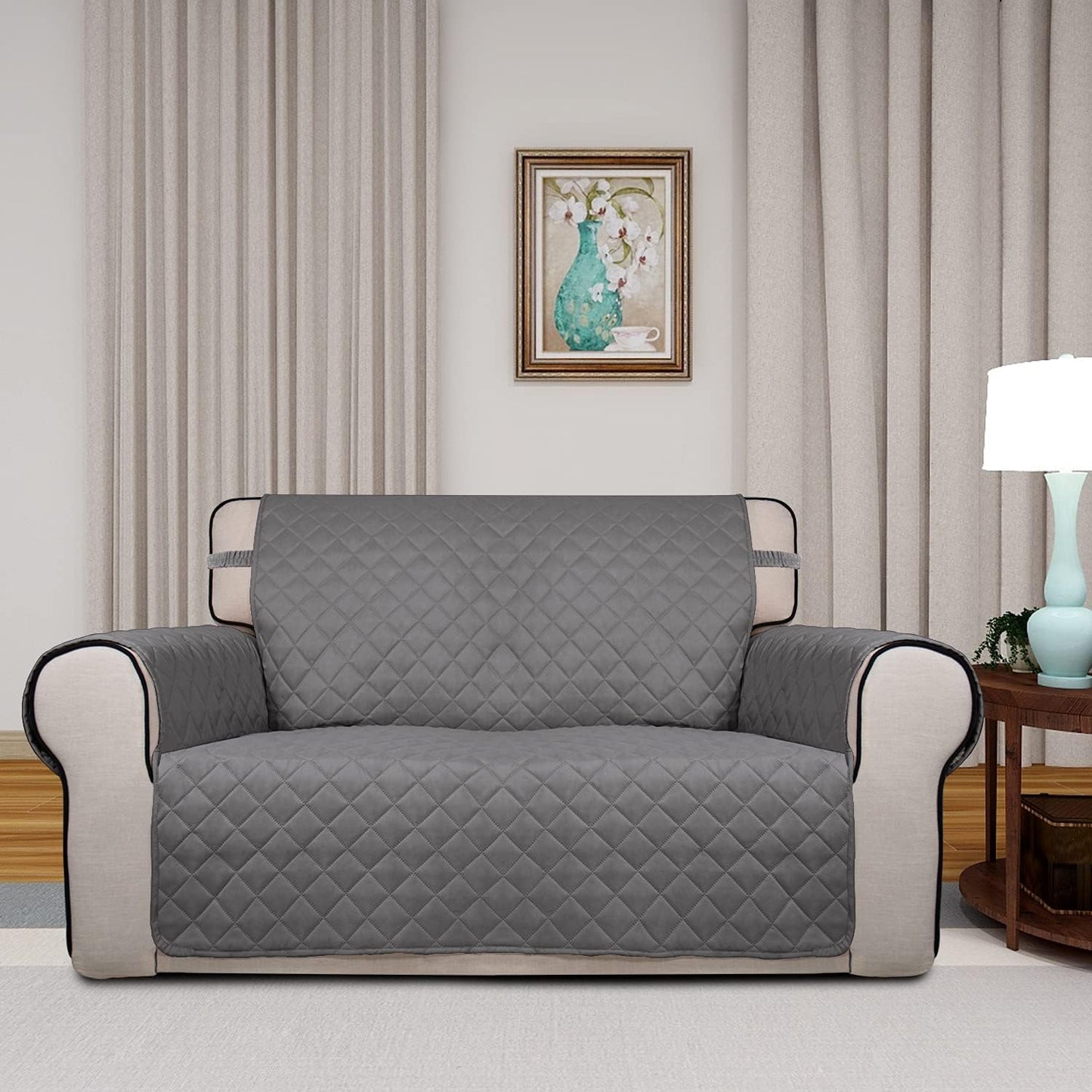 PureFit Reversible Quilted Sofa Cover, Water Resistant Medium Slipcover Furniture Protector, Washable Couch Cover with Non Slip Foam and Elastic Straps for Kids, Dogs, Pets (Loveseat, Gray/Gray)