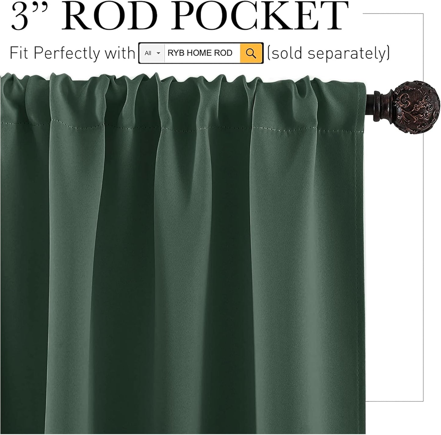RYB HOME Small Curtains for Door Windows - Blackout Thermal Insulating Drapes for Home Theatre Bathroom Basement Cafe RV Camper Windows Blinds, Wide 34 x Long 30, Dark Green, 1 Pair