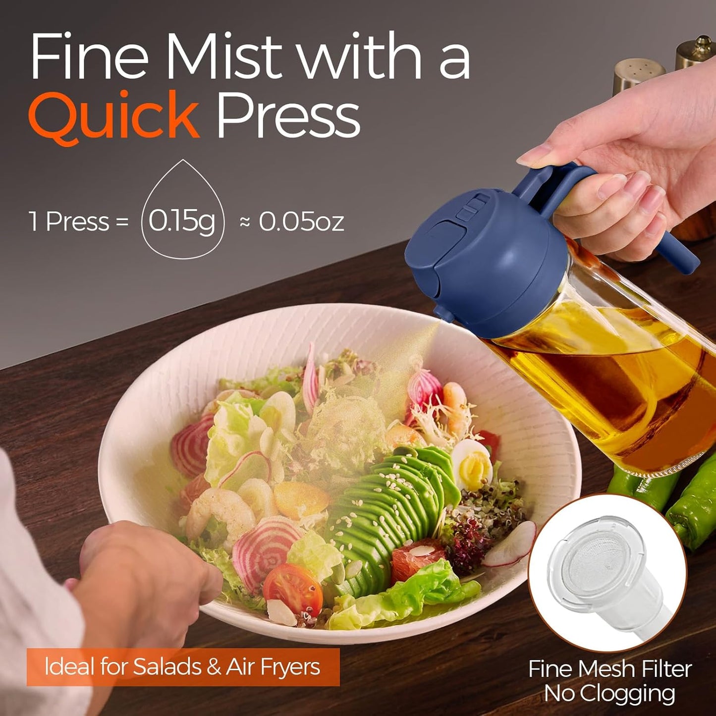 YARRAMATE 2Pcs 16oz/470ml Glass Olive Oil Sprayer for Cooking with Stickers, 2 in 1 Oil Dispenser for Kitchen Gadgets, Food Grade Premium Spray Bottle with Portion Control for Salad, BBQ (Black&Navy)