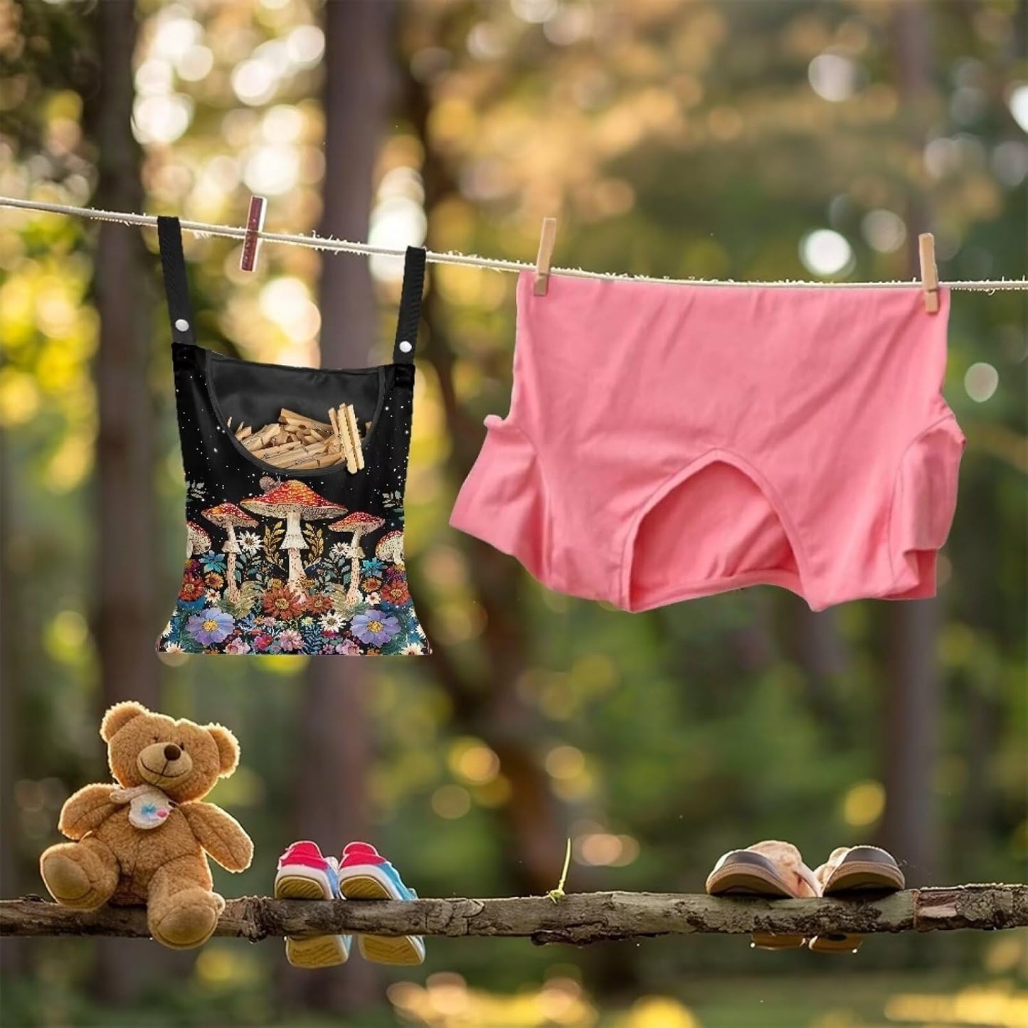 Mushroom Clothespin Storage Hanger Bags Laundry Clothespin Bag, Clothespin Bag with a Large Opening, Hanging Storage Organizer with Hanging Rope for Home Outdoor