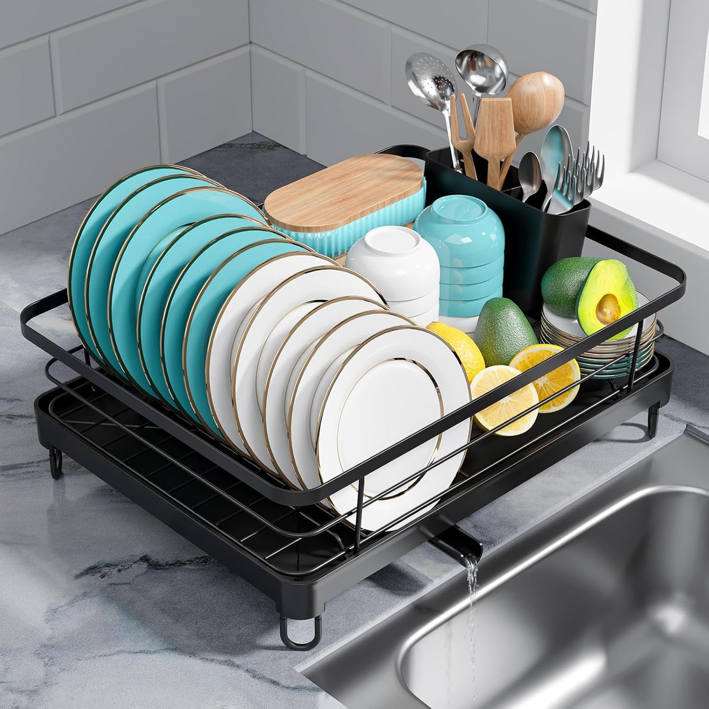 Stainless Steel Dish Drying Rack for Kitchen Counter, Sink Organization and Storage Essentials with Silverware & Utensil Holder, Home and Apartment Decor, 12.7''W x 16.7'L, Black