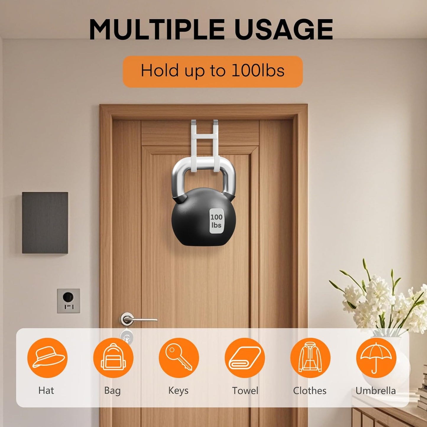 FYY Over The Door Hooks - 4 Pack Heavy Duty Dual-Hook Organizer Hanger with Non-Slip Rubber for Towels, Clothes, Hats & Bags Use in Bathroom, Bedroom, Kitchen - Fits Interior Doors Up to 1 3/8" White
