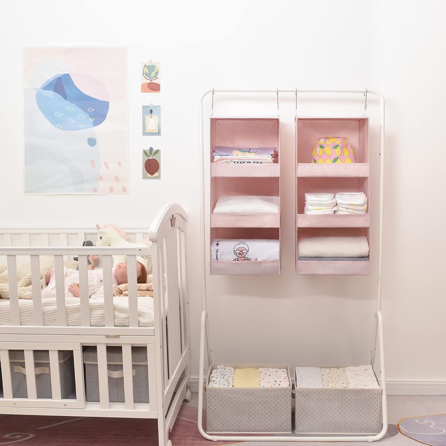 GRANNY SAYS 3 Shelf Hanging Closet Organizers and Storage, Collapsible Closet Storage Organizer with 2 Metal Hooks, Leak-Proof Hanging Shelves for Kids Clothes, Baby Towels, 2 Pack, Pink