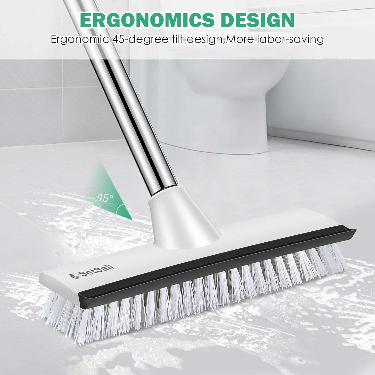 SetSail Floor Scrub Brush with 51-Inch Long Adjustable Handle 2 in 1 Scrape Brush Stiff Bristle Floor Scrubber for Cleaning Shower Bathroom Garage Kitchen Wall Deck Tub Tile