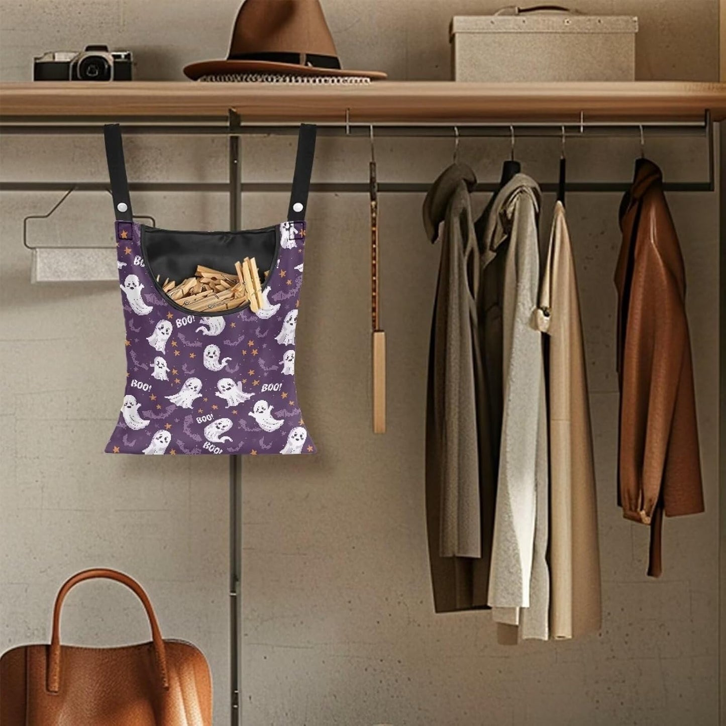 Cute Ghost Clothespin Storage Hanger Bags Laundry Clothespin Bag with a Large Opening, Hanging Storage Organizer with Hanging Rope for Home Outdoor Waterproof Clothespin Storage